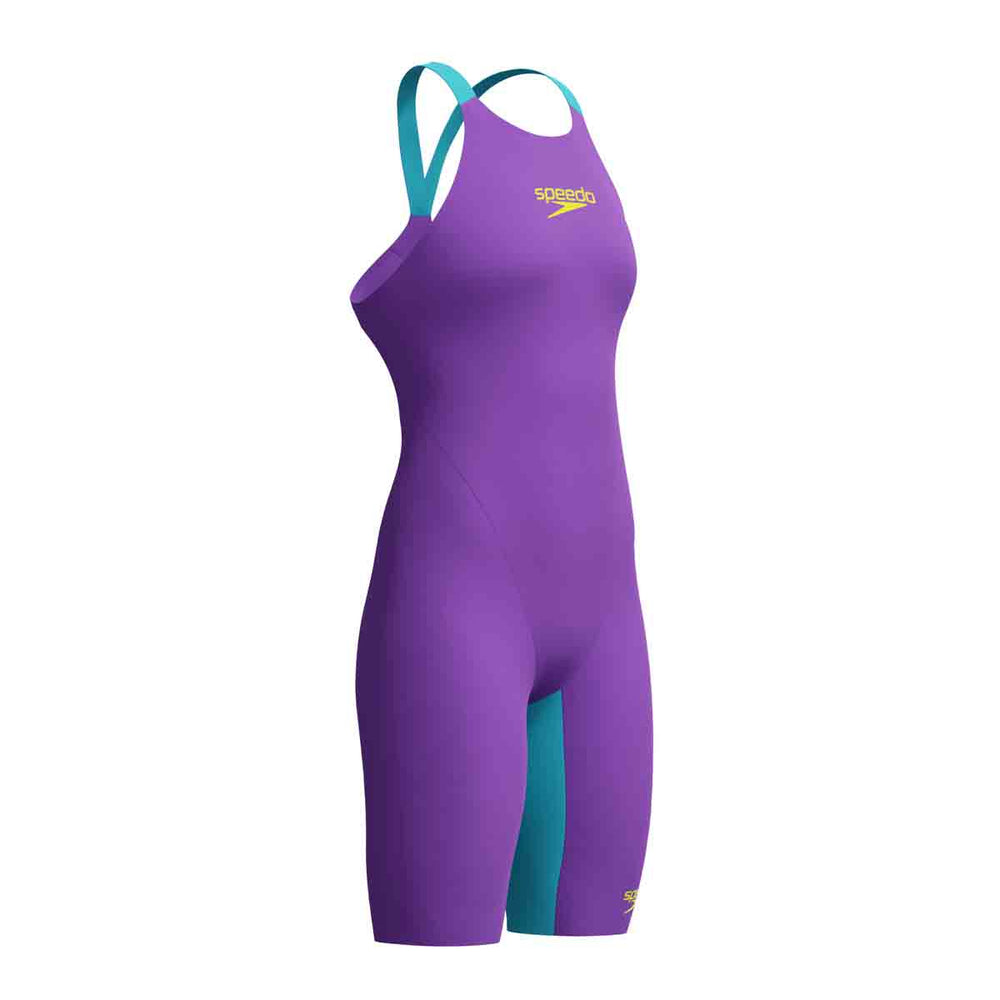 Speedo Women's Fastskin LZR Pure Valor 2.0 openback kneesuit in grape, blue, and yellow with sleek design and open back style.