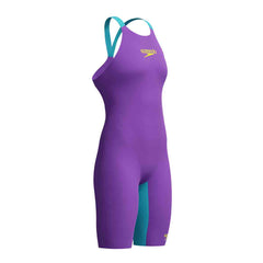 Speedo Women's Fastskin LZR Pure Valor 2.0 openback kneesuit in grape, blue, and yellow with sleek design and open back style.