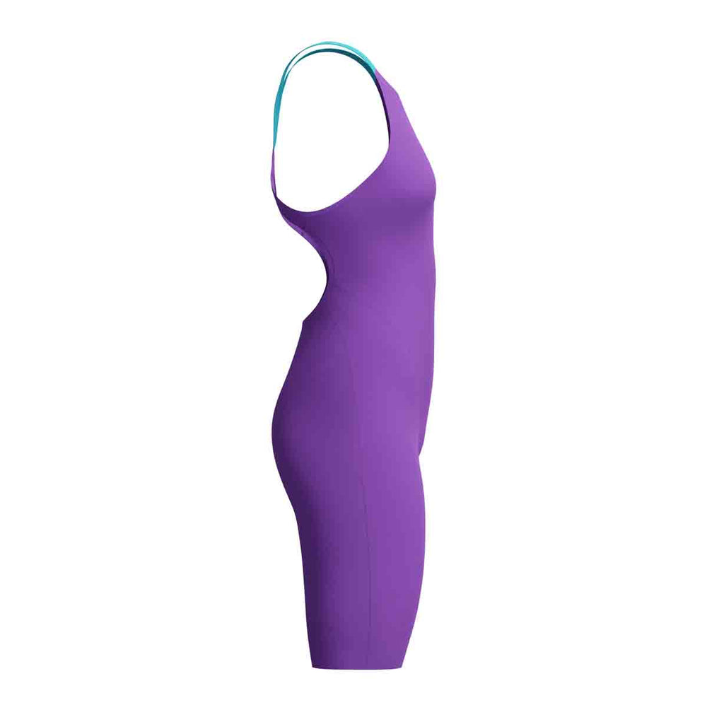 Speedo Women's Fastskin LZR Pure Valor 2.0 openback kneesuit in grape, blue, and yellow with sleek, streamlined design.