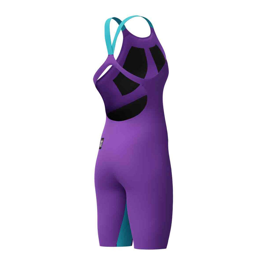 Speedo Women's Fastskin LZR Pure Valor 2.0 openback kneeskin in grape, blue, and yellow, showing the sleek swimming suit design.
