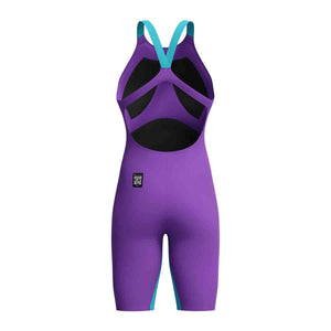 Speedo Women's Fastskin LZR Pure Valor 2.0 openback kneesuit in grape, blue, and yellow, designed for competitive swimming.