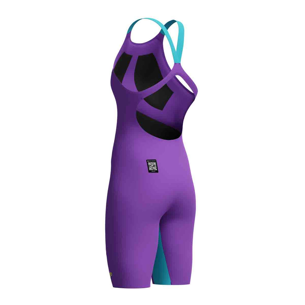 Speedo Women's Fastskin LZR Pure Valor 2.0 openback kneesuit in grape, blue, and yellow with sleek swimwear design.