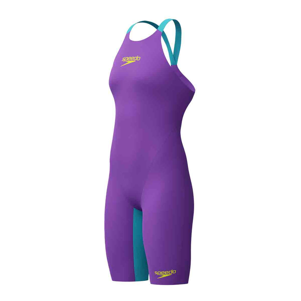 Speedo Women's Fastskin LZR Pure Valor 2.0 openback kneesuit in grape, blue, and yellow with sleek, form-fitting design.