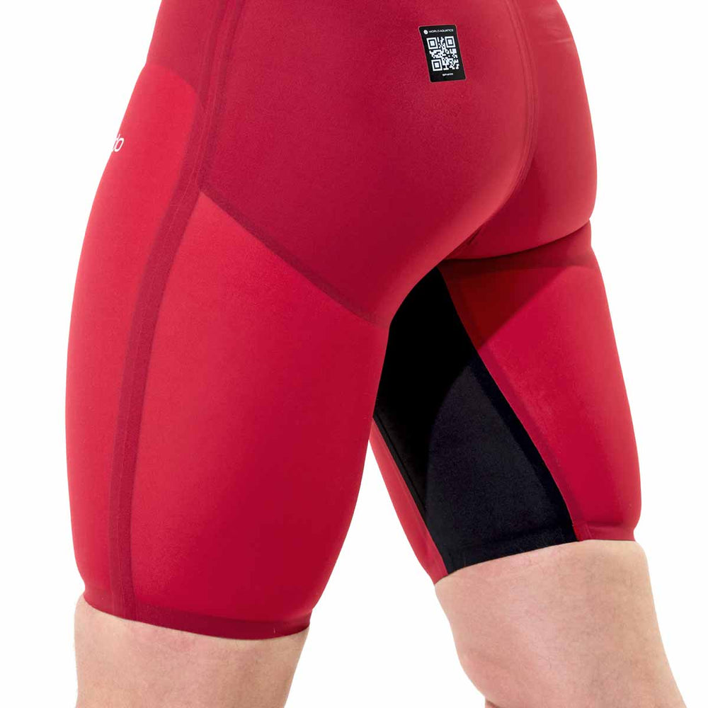 Speedo men's Fastskin LZR Pure Valor 2.0 jammer in regal red and black, displays sleek swimwear design for competitive swimming.
