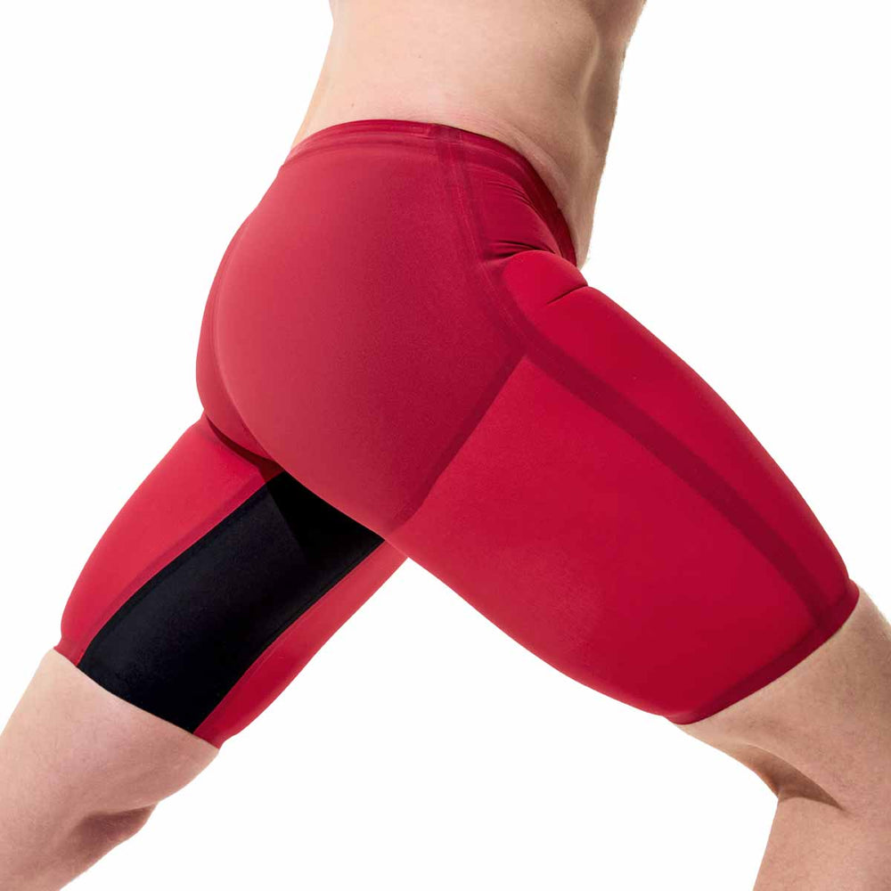 Speedo men's Fastskin LZR Pure Valor 2.0 jammer in regal red and black, featuring sleek swimwear design for competitive swimming.