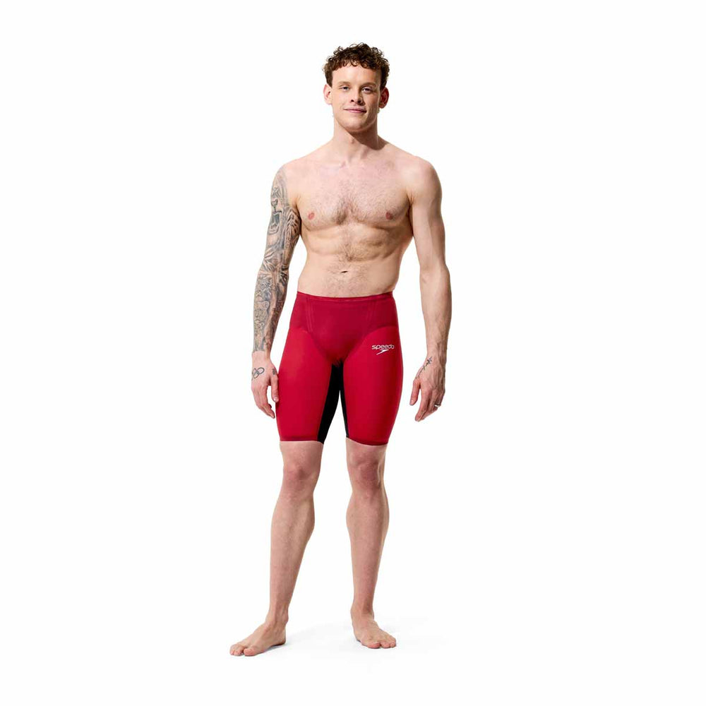 Speedo men's Fastskin LZR Pure Valor 2.0 jammer in regal red and black, showcasing the sleek swimwear design and branding.