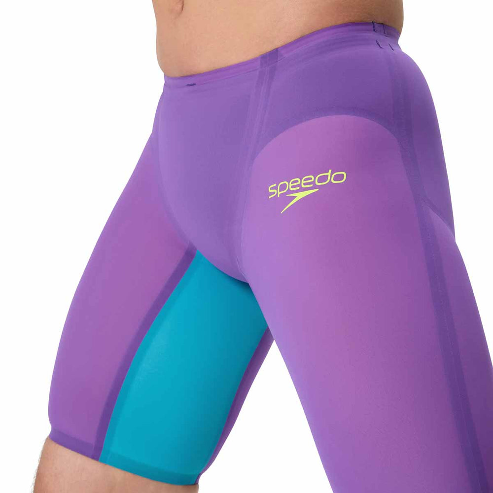 Speedo men's Fastskin LZR Pure Valor 2.0 jammer in grape, blue, and yellow, showcasing the sleek, fitted swimwear design.