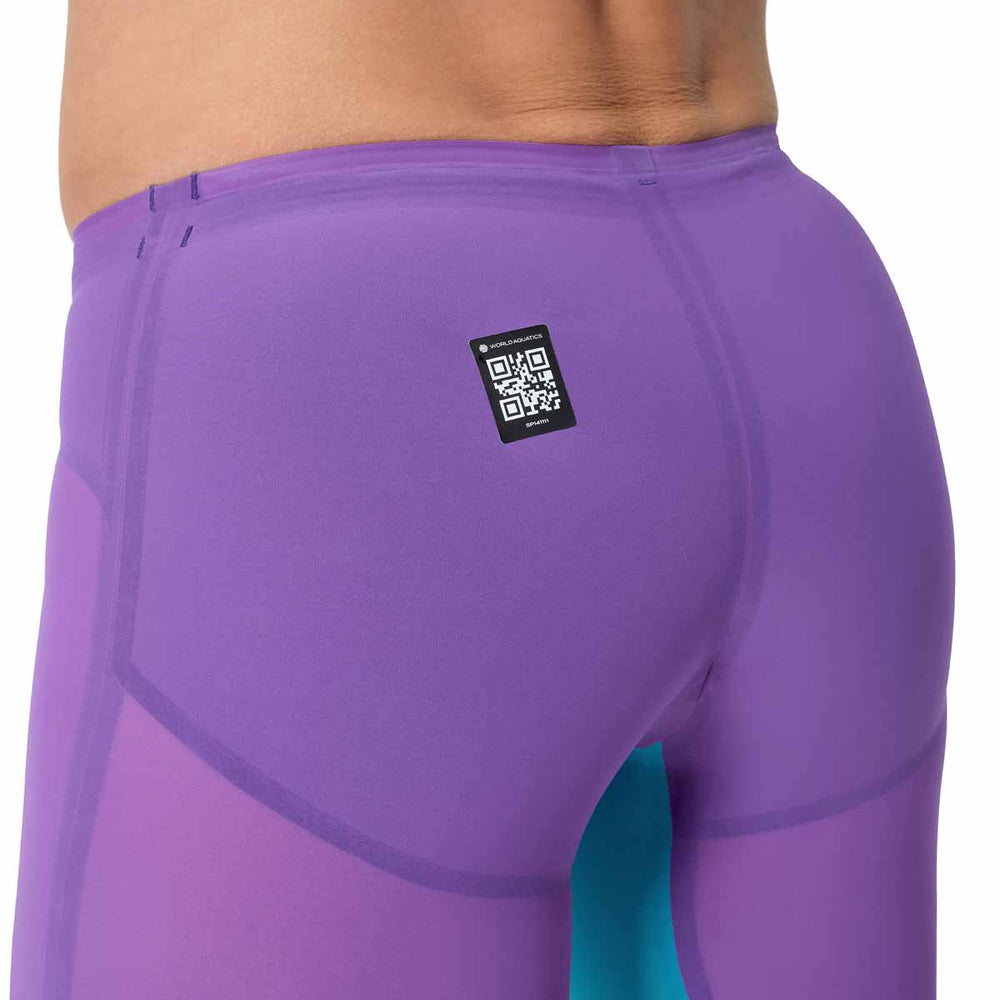 Speedo men's Fastskin LZR Pure Valor 2.0 jammer in grape, blue, and yellow with sleek swimwear design.