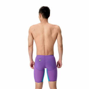 Speedo men's Fastskin LZR Pure Valor 2.0 jammer in grape, blue, and yellow with sleek swimwear design.