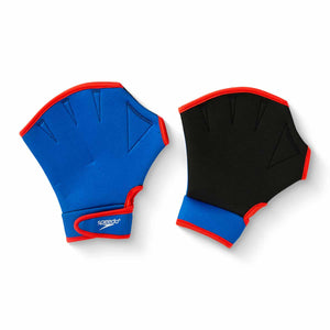 Speedo blue and white aquatic fitness swim gloves with textured grip for enhanced water exercise performance.