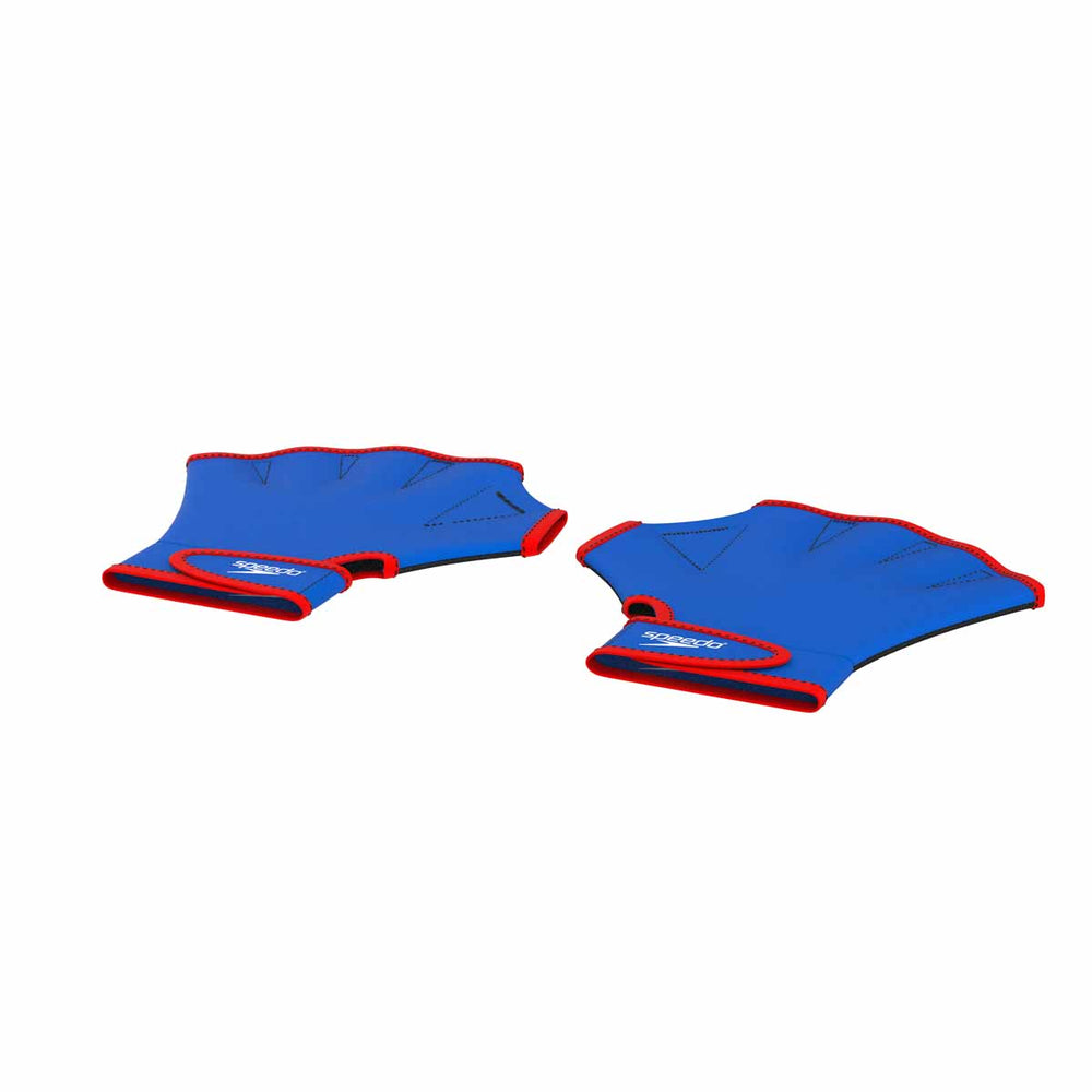 Speedo aquatic fitness swim gloves in blue and white with textured palms for improved grip during swim training.