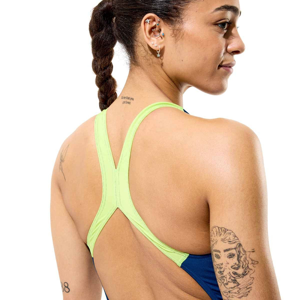 Speedo women's solid Powerback swimsuit in denim teal, featuring a supportive design and sleek fit for swimming.