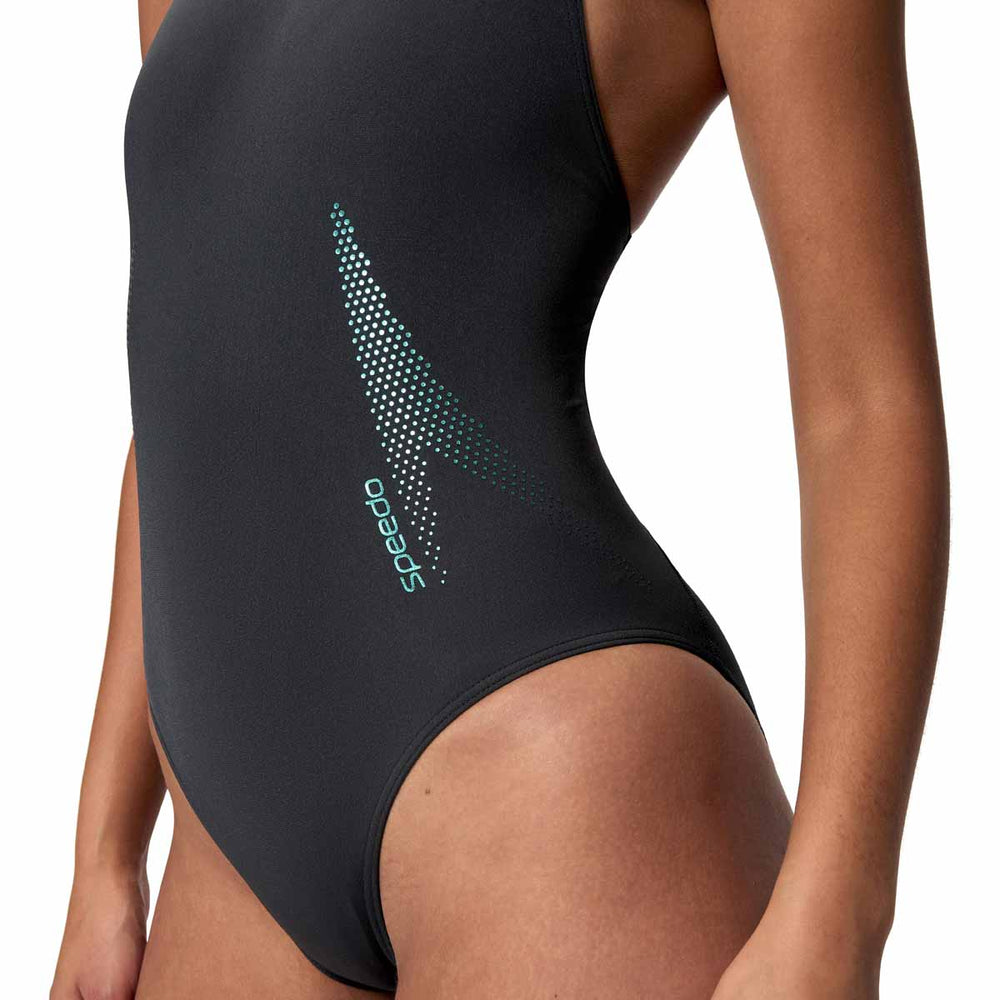 Speedo women's solid Boom Leaderback swimsuit in anthracite and Mayan blue, featuring a sleek, supportive design with thin shoulder straps.