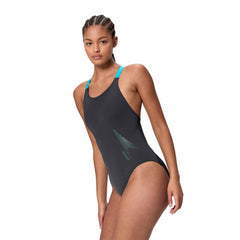 Speedo women's solid Boom Leaderback swimsuit in anthracite and Mayan blue, featuring a sleek design and supportive fit.