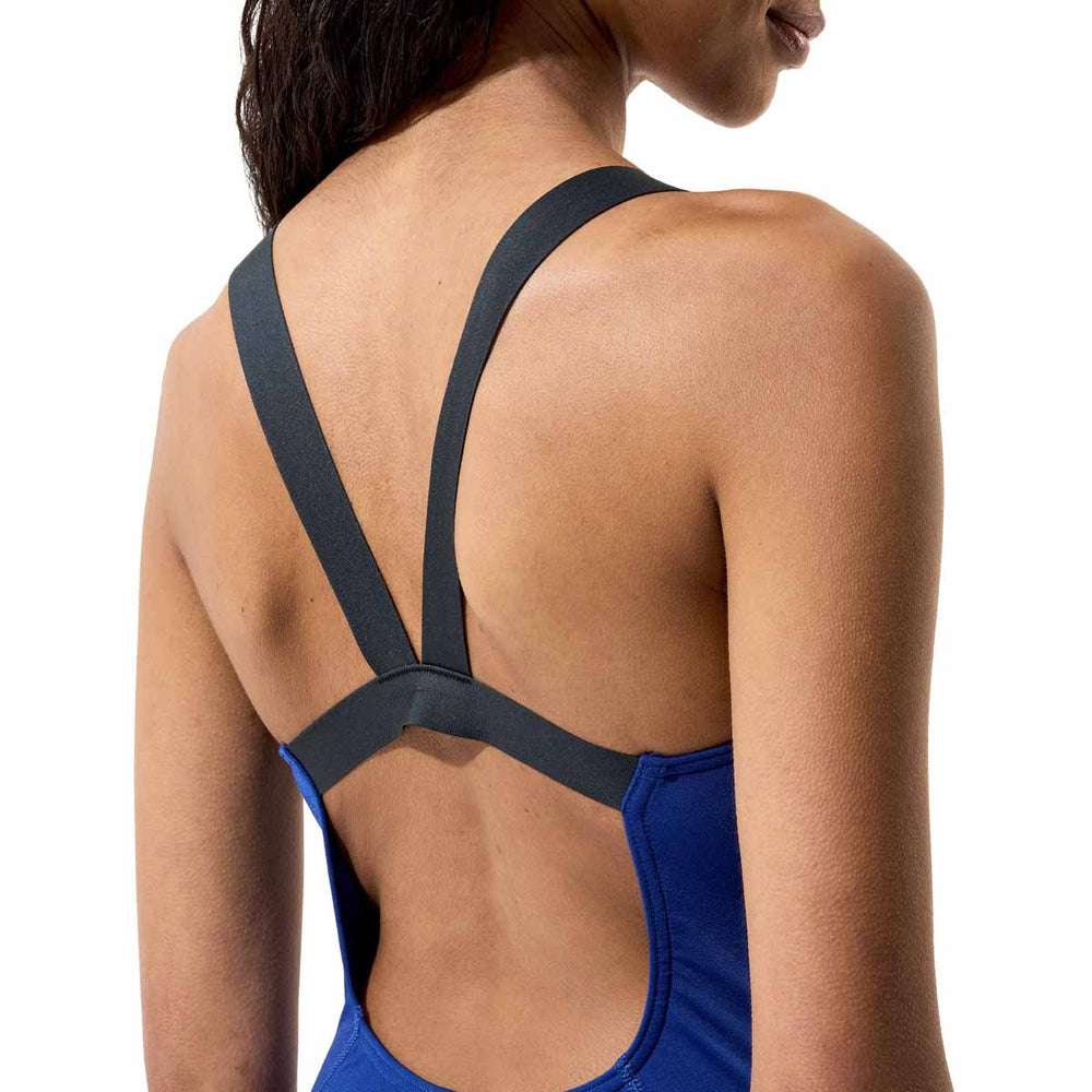 Speedo women's solid Boom Leaderback swimsuit in Night Watch and Anthracite with a sleek design and supportive fit.