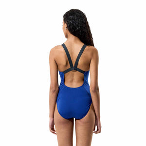 Speedo women's solid Boom Leaderback swimsuit in Night Watch and Anthracite with supportive design and sleek swimwear style.