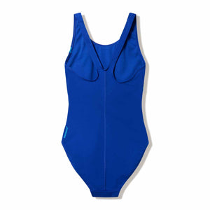 Speedo women's Hyperboom butterfly back swimsuit in Night Watch, Hyper Teal, and Glacier Blue with colorful floral pattern.