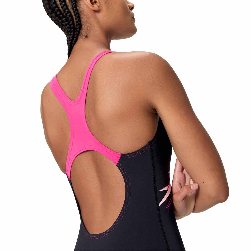 Speedo women's Medley Logo Medalist swimsuit in anthracite and margarita pink, featuring a sleek, fitted design for swimming.