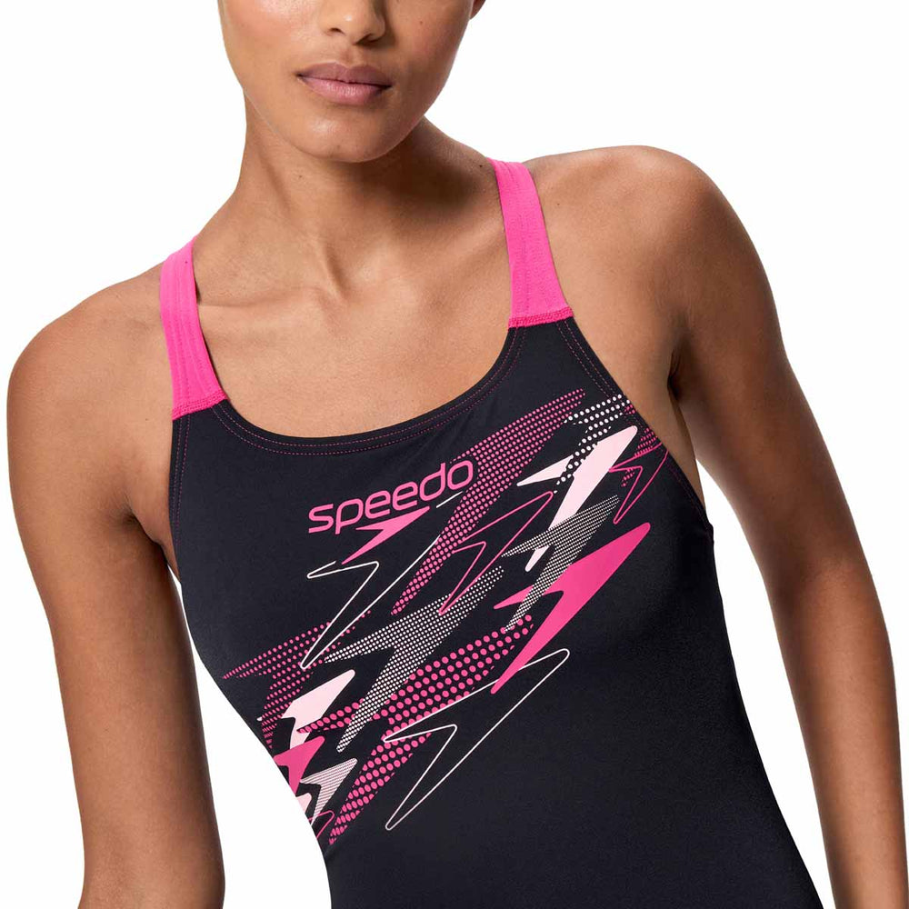 Speedo women's Medley Logo Medalist swimsuit in anthracite and margarita pink, featuring a sleek design and logo details.