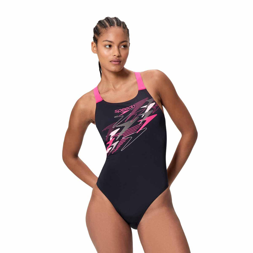 Speedo women's Medley Logo Medalist swimsuit in Anthracite and Margarita Pink, featuring a sleek design and logo detail.