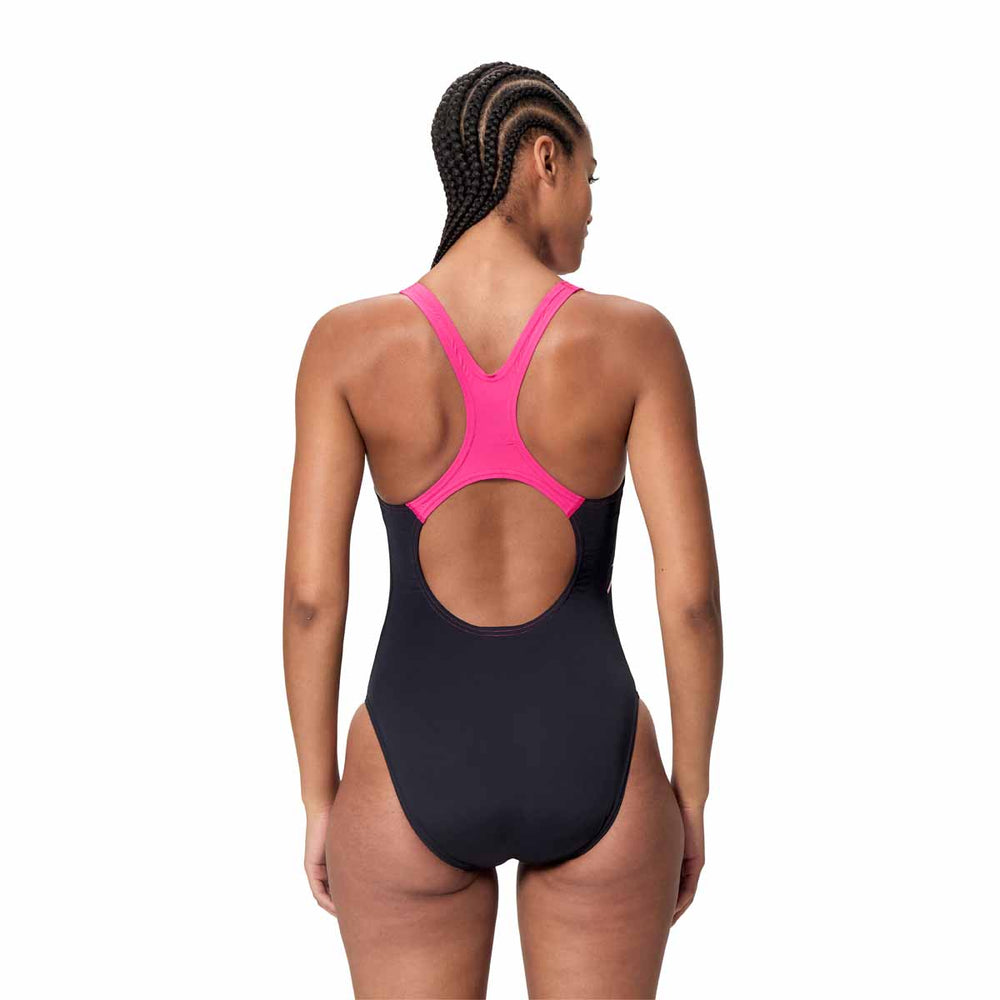 Speedo women's Medley Logo Medalist swimsuit in anthracite and margarita pink, featuring a sleek design and supportive fit.