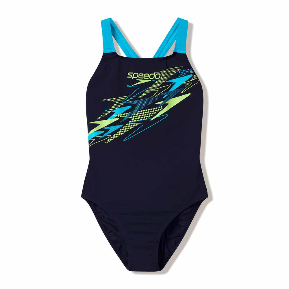 Speedo women's Medley Logo Medalist swimsuit in hyper teal and citrus green, featuring a sleek design and logo detail.