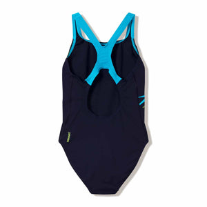 Speedo women's Medley Logo Medalist swimsuit in Hyper Teal and Citrus Green, featuring a sleek design and supportive fit.