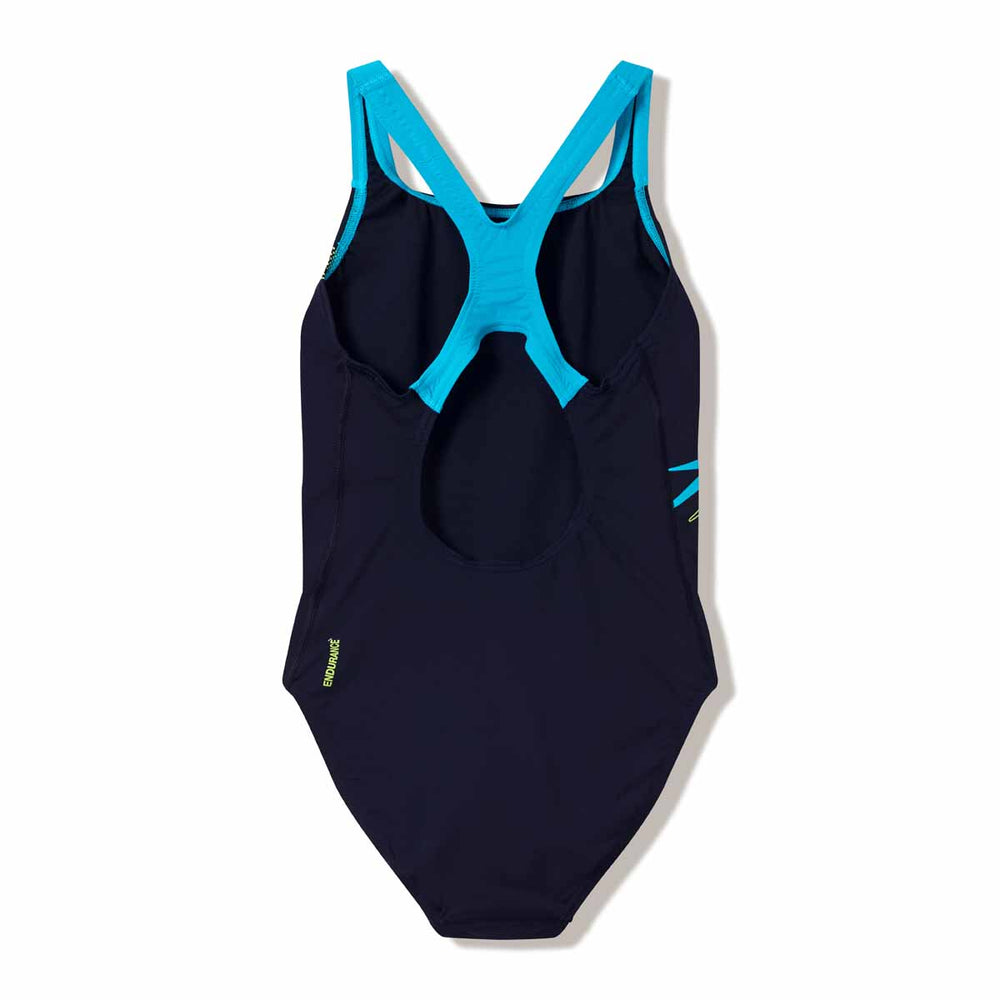 Speedo women's Medley Logo Medalist swimsuit in Hyper Teal and Citrus Green, featuring a sleek design and supportive fit.