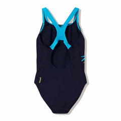 Speedo women's Medley Logo Medalist swimsuit in Hyper Teal and Citrus Green, featuring a sleek design and supportive fit.