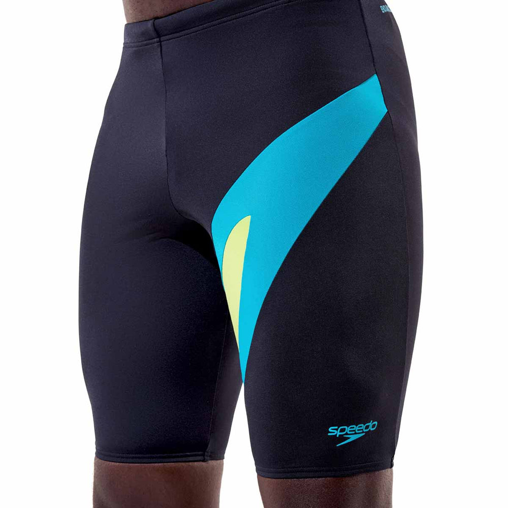 Speedo men's Hyperboom jammer in anthracite and hyper teal, featuring a snug fit and athletic swimwear design.