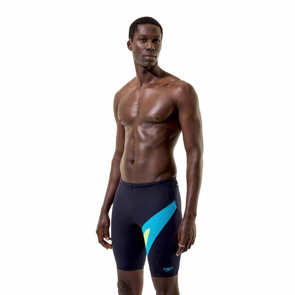 Speedo men's Hyperboom jammer in anthracite and hyper teal, featuring a sleek, form-fitting swimwear design for competitive swimming.