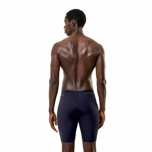 Speedo men's Hyperboom jammer in anthracite and hyper teal, featuring a streamlined swimwear design for competitive swimming.