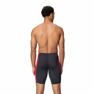 Speedo men's solid splice jammer swimsuit in anthracite and high risk red, featuring a snug fit and athletic design for competitive swimming.