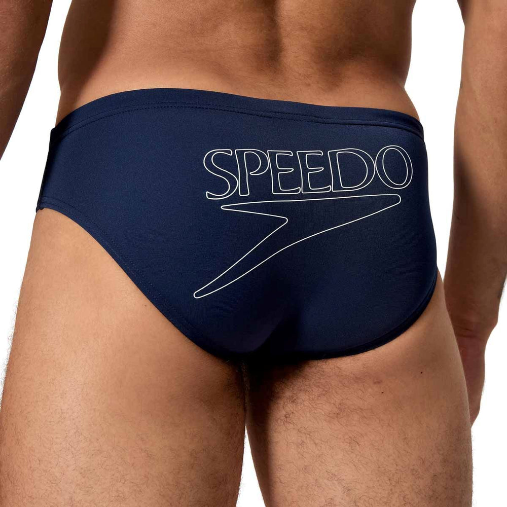 Speedo men's Endurance+ logo brief in peacoat color, 2.5-inch swim brief with brand logo on the front.