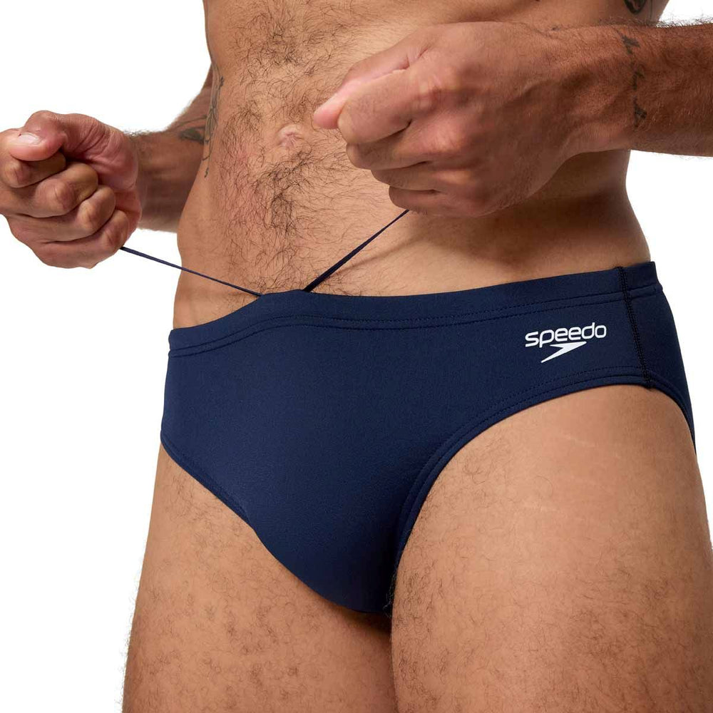 Speedo men's Endurance+ logo briefs in peacoat color, 2.5-inch swim briefs with branded logo and comfortable fit.