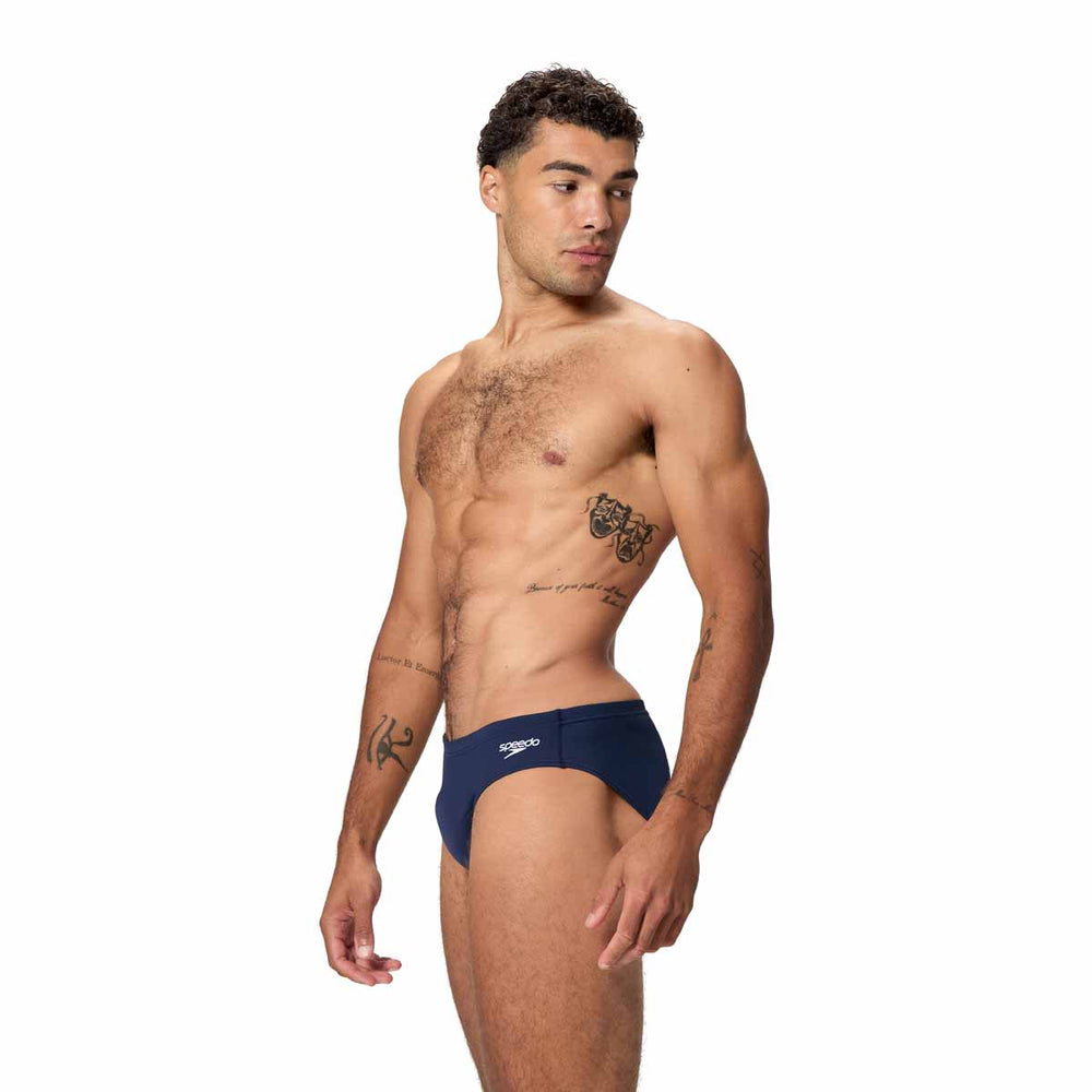 Speedo men's Endurance+ logo brief in peacoat color, 2.5-inch swim briefs with brand logo, made for swimming and water activities.