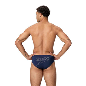 Speedo men's Endurance+ logo brief in peacoat color, 2.5-inch swim briefs with Speedo branding and snug fit.