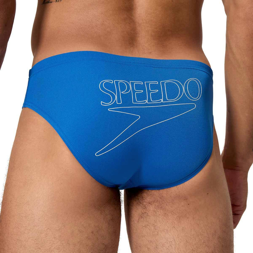 Speedo men's Endurance+ Logo Brief in Turkish Sea, 2.5-inch swim briefs with logo design, durable swimwear for men.