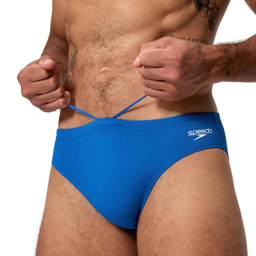 Speedo men's Endurance+ logo briefs in Turkish Sea, 2.5-inch swimwear with a sleek design and branded logo on the front.