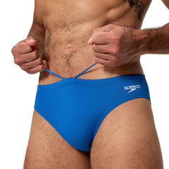 Speedo men's Endurance+ logo briefs in Turkish Sea, 2.5-inch swimwear with a sleek design and branded logo on the front.