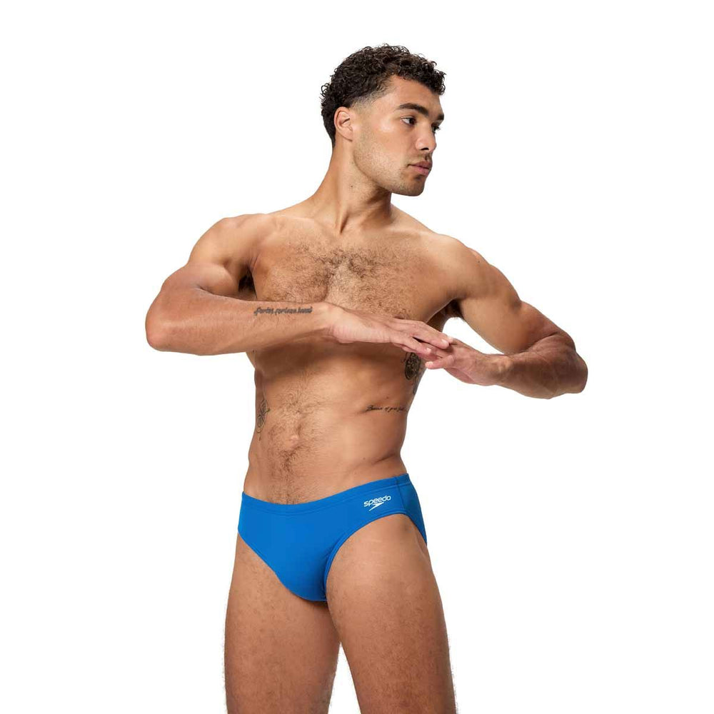 Speedo men's Endurance+ logo brief in Turkish Sea color, 2.5-inch classic swim brief with logo details and durable fabric.