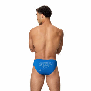 Speedo men's Endurance+ Logo Brief in Turkish Sea color, featuring a 2.5-inch fit and logo detail on the fabric.