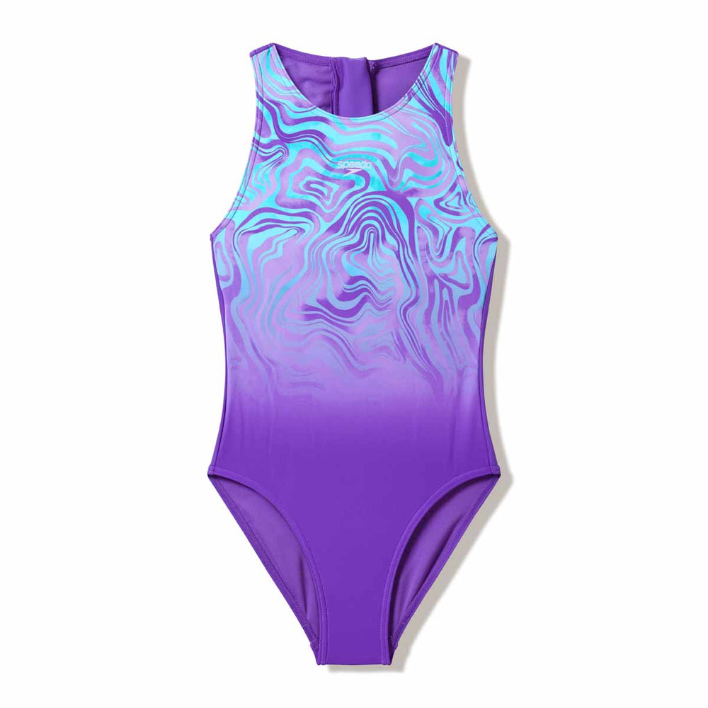 Speedo girls' print hydrasuit swimsuit in Pace Purple with colorful patterns, designed for comfortable swimming and active wear.