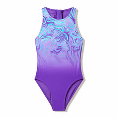 Speedo girls' print hydrasuit swimsuit in Pace Purple with colorful patterns, designed for comfortable swimming and active wear.