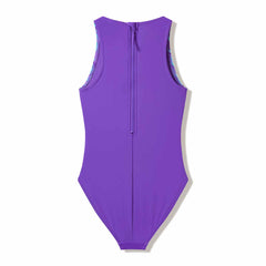 Speedo girls' print hydrasuit swimsuit in purple with colorful pattern, designed for comfortable swimming and active water play.