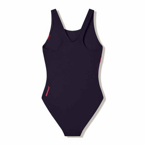 Speedo girls' Hyperboom butterfly back swimsuit in anthracite, pink, and neon jelly with a colorful butterfly design.