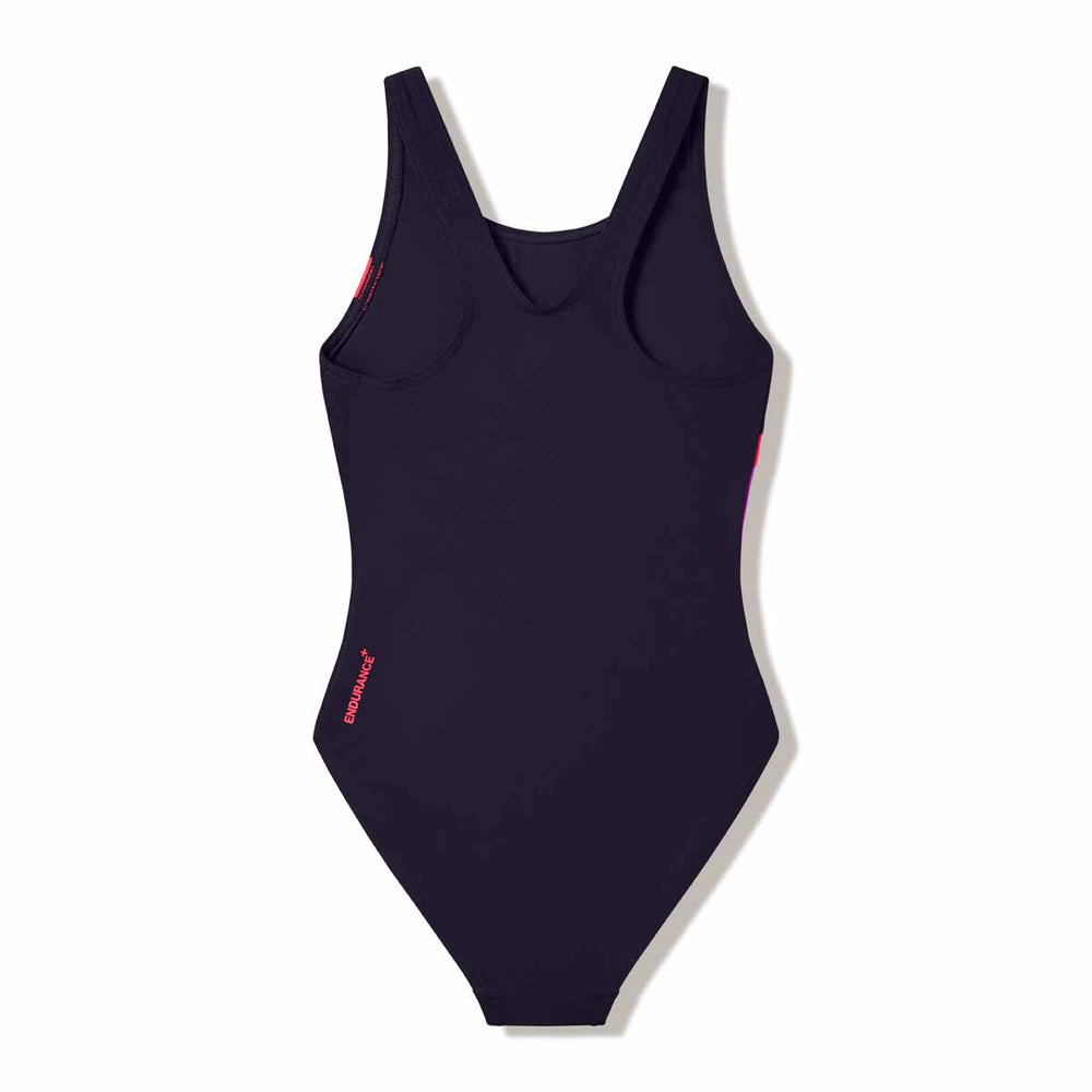 Speedo girls' Hyperboom butterfly back swimsuit in anthracite, pink, and neon jelly with a colorful butterfly design.
