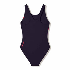 Speedo girls' Hyperboom butterfly back swimsuit in anthracite, pink, and neon jelly with a colorful butterfly design.