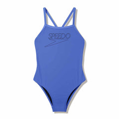 Speedo girls' Endurance+ thinstrap swimsuit in moonlight lavender, featuring the Speedo logo and sleek, sporty design.