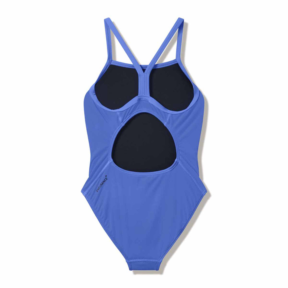 Speedo girls' Endurance+ logo thinstrap swimsuit in moonlight lavender, designed for swimming and active water sports.